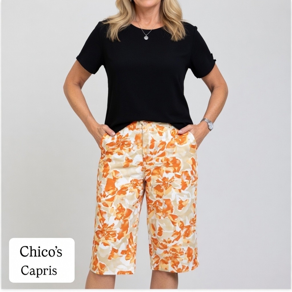 Chico's Womens Orange Tan Floral Print Capris Size 1.5 (US 10) Stretch Cotton VG - Picture 3 of 7